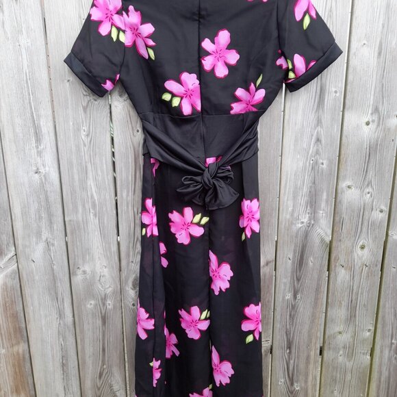Handmade Dress Black Pink Floral Sheer 36"B 28"W Stretchy Mennonite - Picture 5 of 11